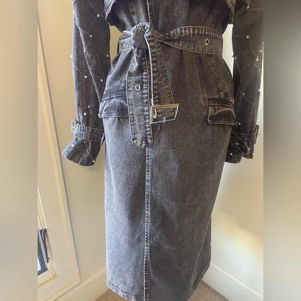 Distressed Denim Trench Coat, Black /Gry. w/ Pearl & Silver Accents, S, M , L - Picture 7 of 16